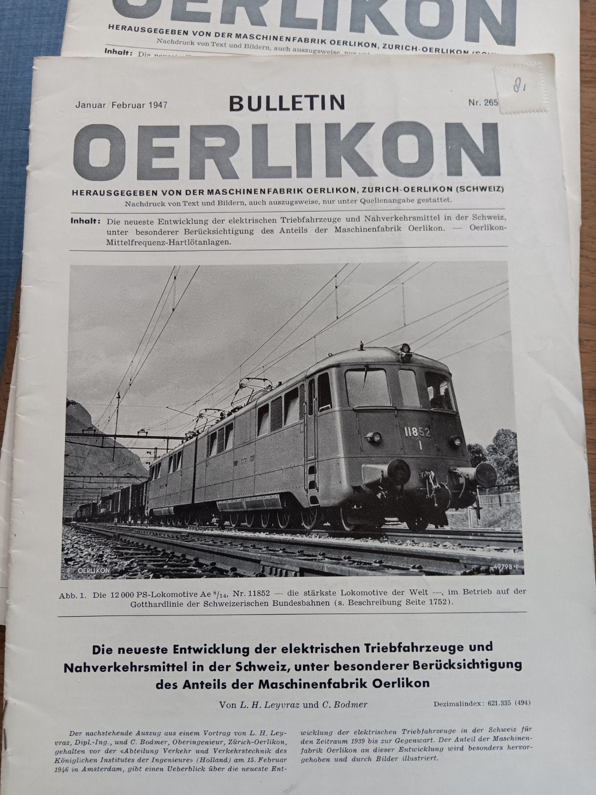 Bulletin Oerlikon - 1947 - 1957 treinspecials, duitstalig, Ophalen of Verzenden, Gelezen
