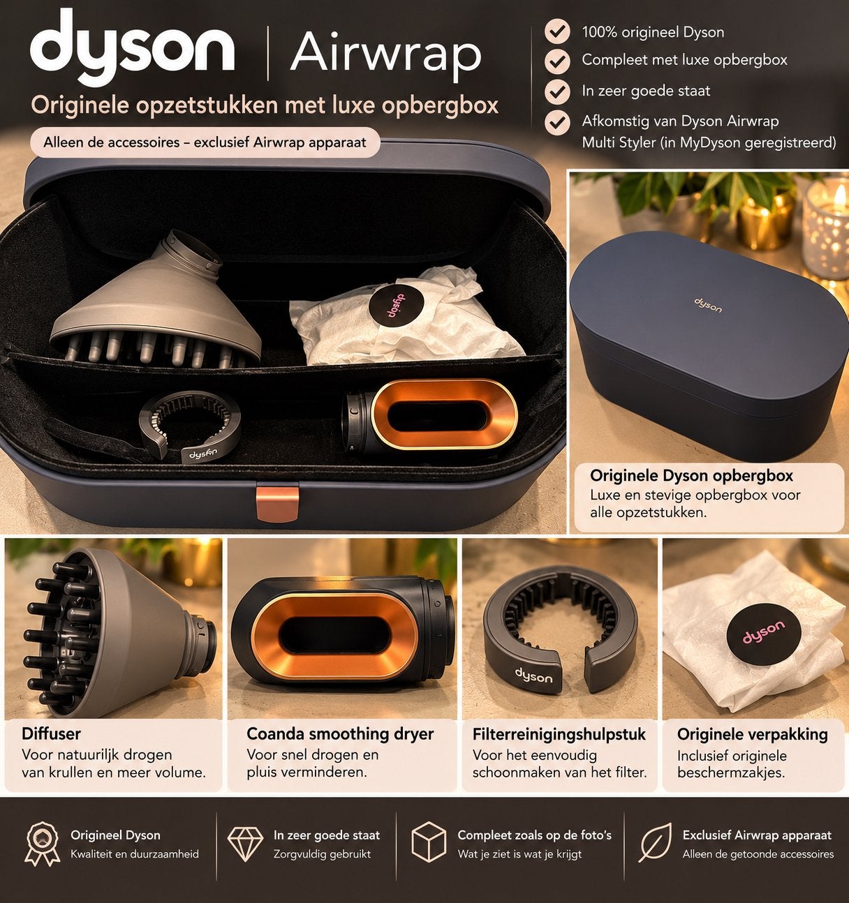 Dyson Airwrap accessoires met luxe originele Dyson opbergbox, Sieraden, Tassen en Uiterlijk, Ophalen of Verzenden, Nieuw