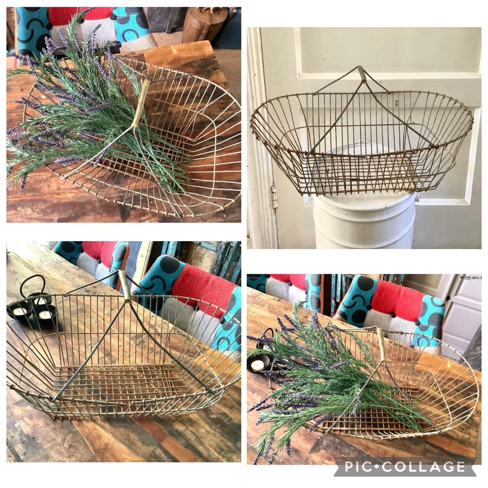 Brocante Franse ijzeren plukmand met hengsels, landelijk, Ophalen