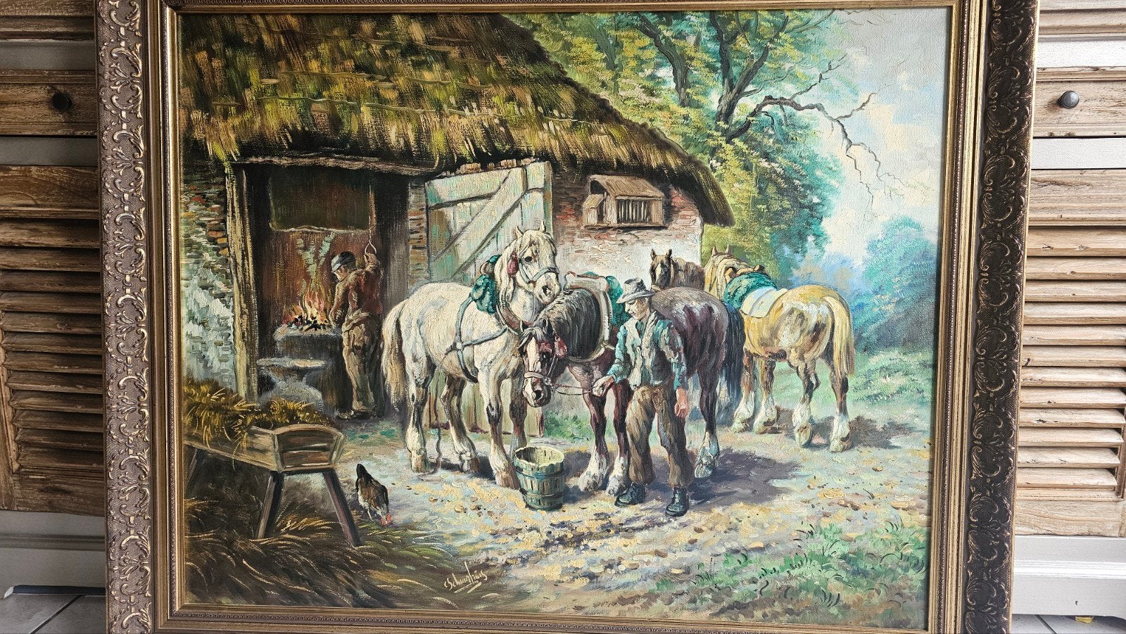 Monumentaal olieverfschilderij  Trekpaarden & hoefsmid, Ophalen