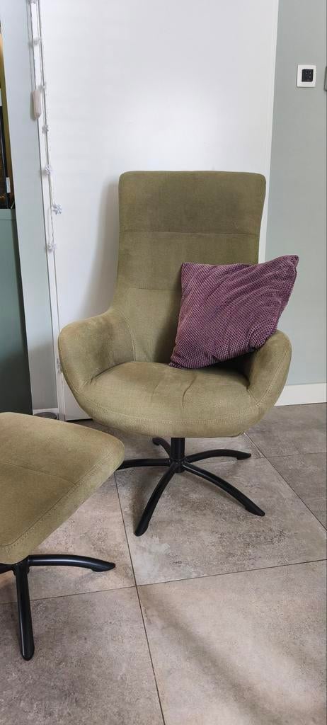 Movani Comfortabele fauteuil met voetenbankje - Olijfgroen, Ophalen, Gebruikt, 75 tot 100 cm, Stof
