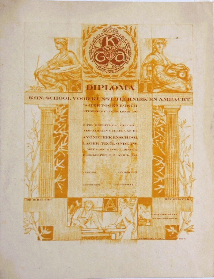 Huib Luns litho "Diploma Kon. School Kunst Techniek Ambacht", Ophalen, Origineel, Overige onderwerpen, Lithografie