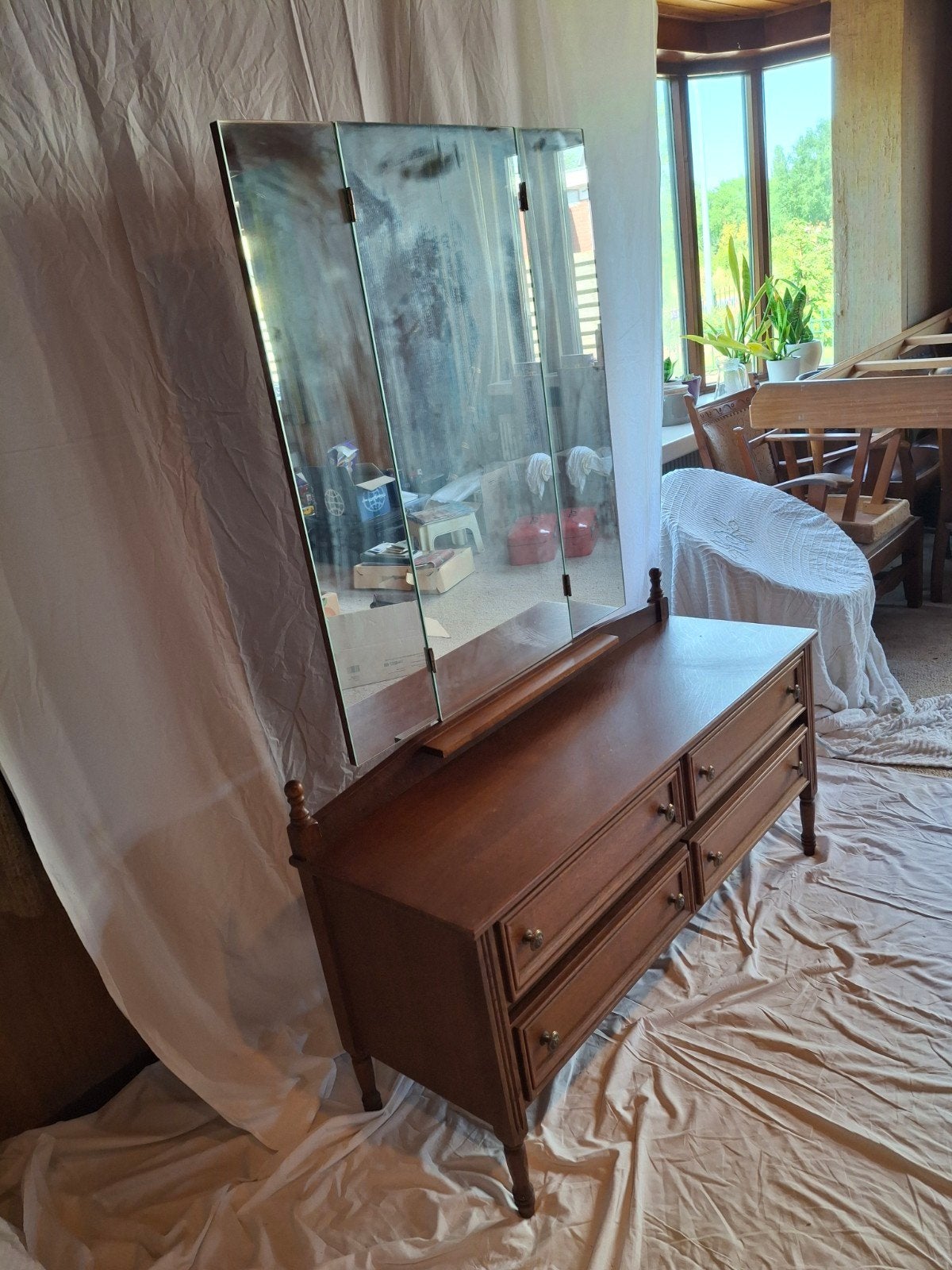 Vintage Kaptafel / Commode met 3-delige Spiegel Jaren 50, Antiek en Kunst, Ophalen