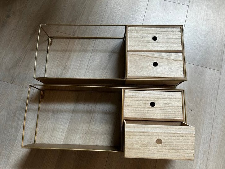 Set van 2 gouden wandrekken met houten lades, Ophalen, Gebruikt