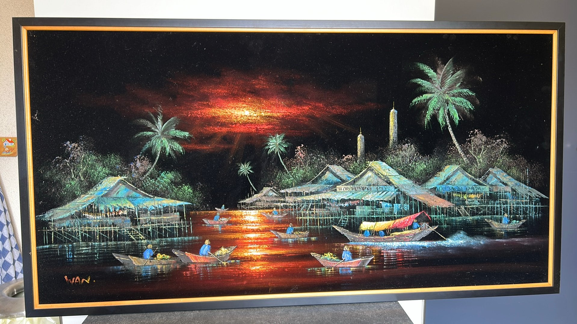 Vintage Aziatische fluwelen schilderij 131 x 69 cm., Ophalen of Verzenden