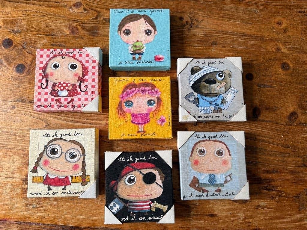 7 gedrukte schilderijtjes Label Tour, Antiek en Kunst, Kunst | Schilderijen | Klassiek, Ophalen, Doek, Portret of Personen, Realistisch