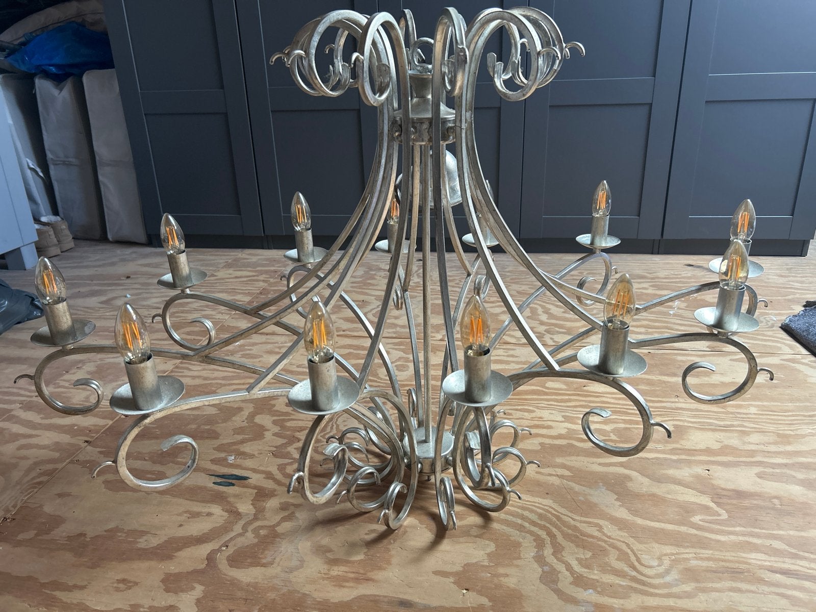 Grote kroonluchter met 12 warme lampen, Ophalen, Gebruikt, Metaal, E14 (klein)