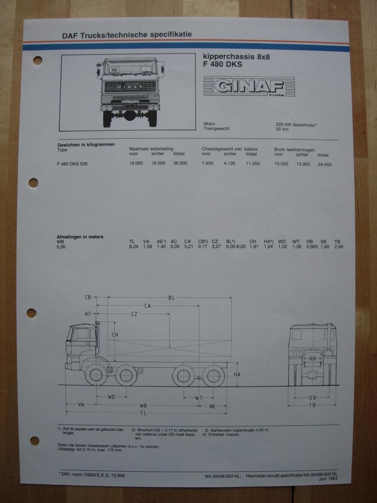GINAF F480 DKS Technische Specificatie Folder 1983 – 8x8, Ophalen of Verzenden, Zo goed als nieuw, Overige merken, GINAF