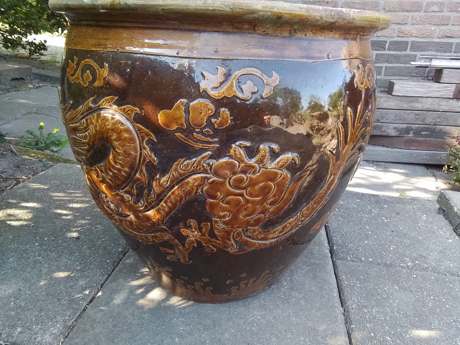 chinese aardewerk pot., Tuin en Terras, Bloempotten, 40 cm of meer, Rond, Ophalen of Verzenden, Zo goed als nieuw
