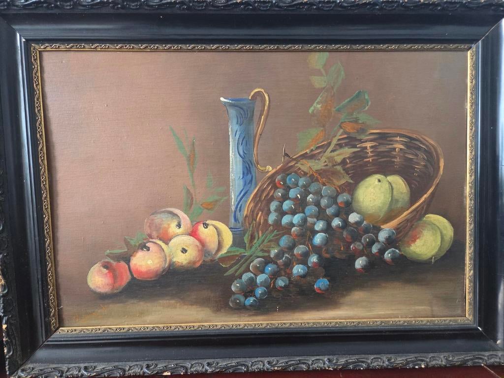 Stilleven olieverfschilderij met fruit en vaas, Ophalen of Verzenden