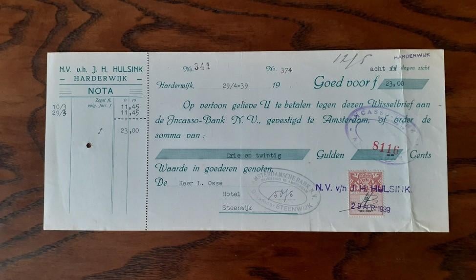 Harderwijk distilleerderij Hulsink wissel 1939, Ophalen of Verzenden, Gebruikt, Overige typen