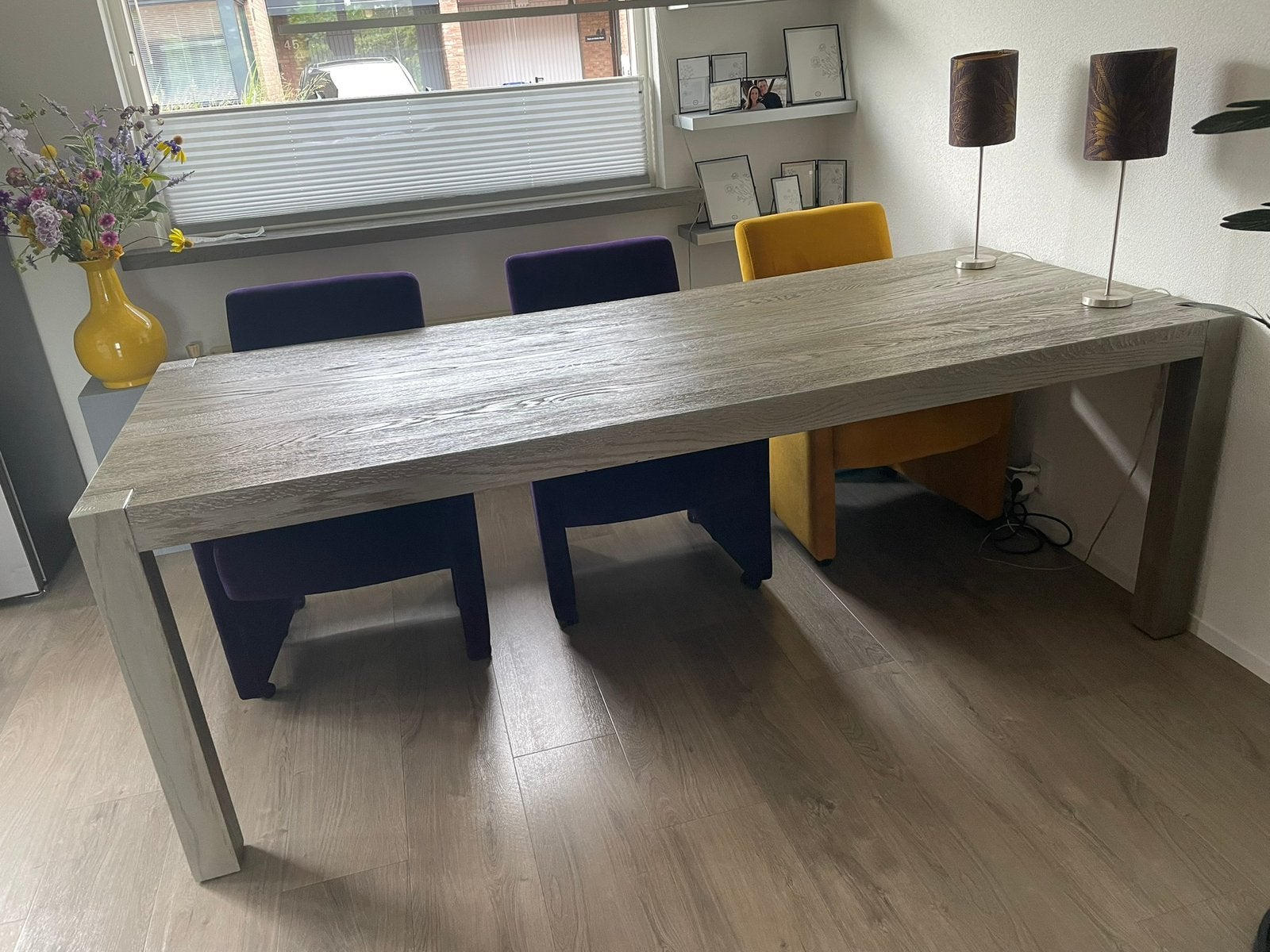 Massief eiken houten eettafel 220 x 90 cm., Ophalen, Gebruikt, Eikenhout, 200 cm of meer