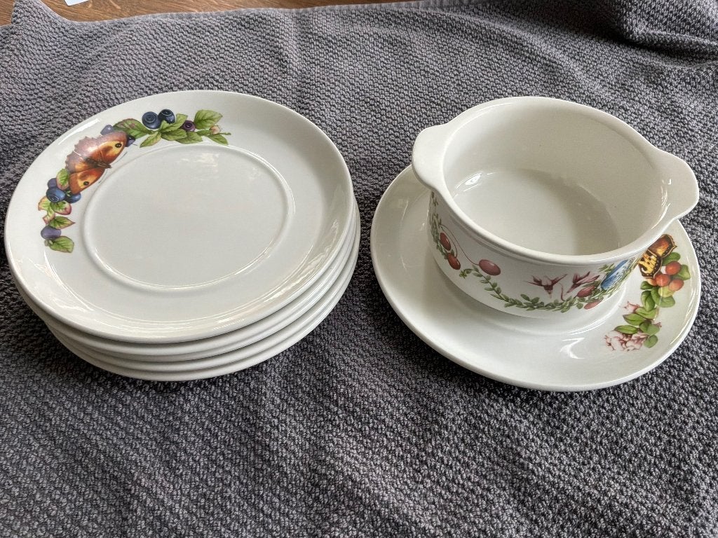 Marjolein Bastin  1 soepkop en 6 bordjes, Ophalen of Verzenden, Zo goed als nieuw, Kom(men), Overige stijlen