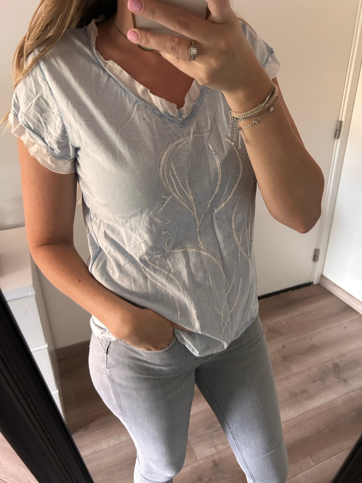 Lichtblauwe T-shirt met korte mouwen en print, Kleding | Dames, Blauw, Ophalen of Verzenden, Korte mouw, Maat 36 (S)
