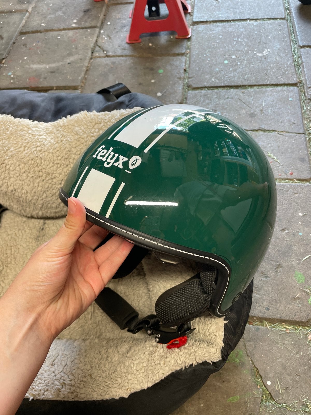 Felyx Jethelm - Groen met witte strepen, Ophalen of Verzenden, Tweedehands, Jethelm, Overige merken
