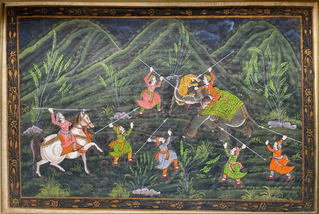 Antieke Indiase Rajasthani tijgerjacht schildering, Ophalen, Ingelijst, India, 50 cm