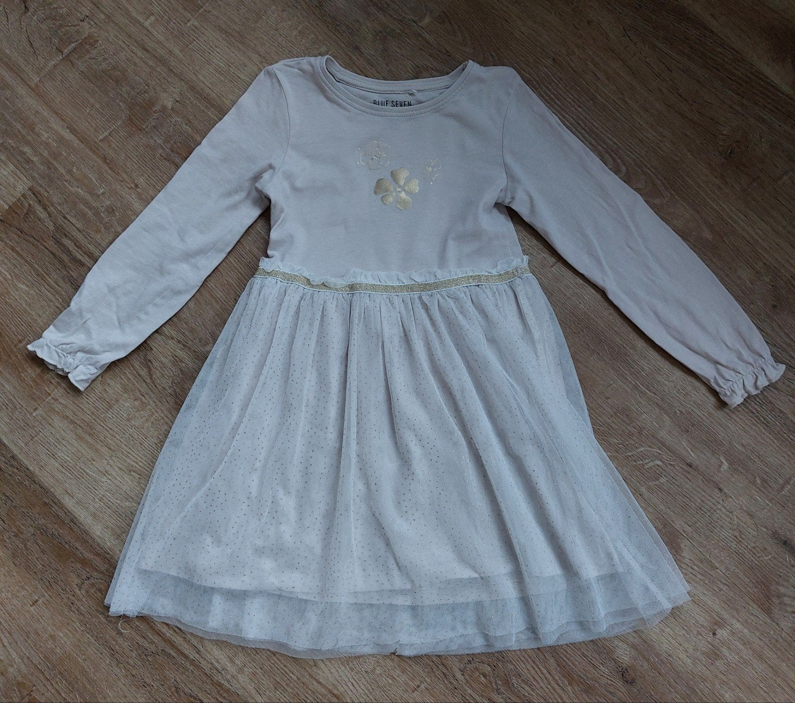 * Blue Seven beige jurkje met goudglitter mt.116, Kinderen en Baby's, Blue seven, Meisje, Ophalen of Verzenden, Zo goed als nieuw
