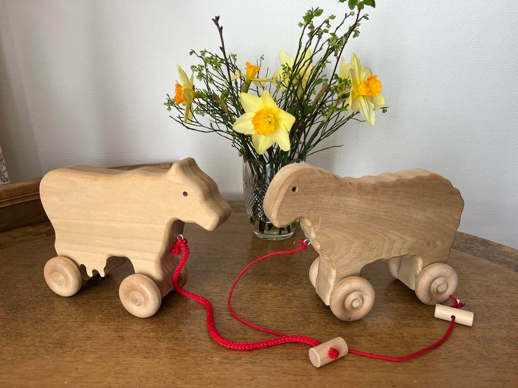 Drie handgemaakte houten boerderijdieren, Amish People, Kinderen en Baby's, Speelgoed | Houten speelgoed, Ophalen, Zo goed als nieuw