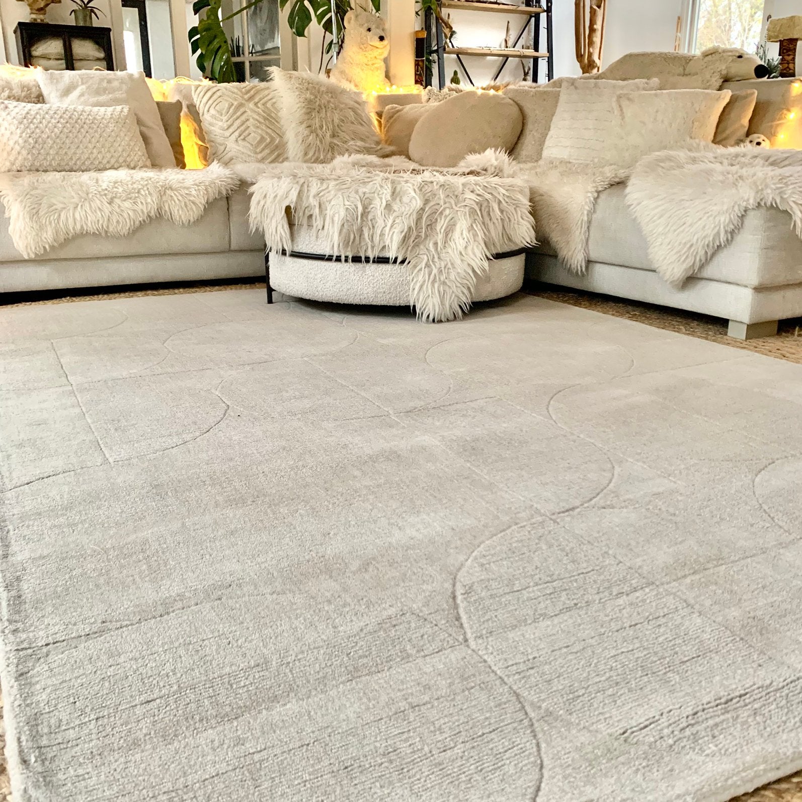 Wol circles - retro beige vloerkleed - fotoshoot, Ophalen, Crème, 200 cm of meer, Zo goed als nieuw