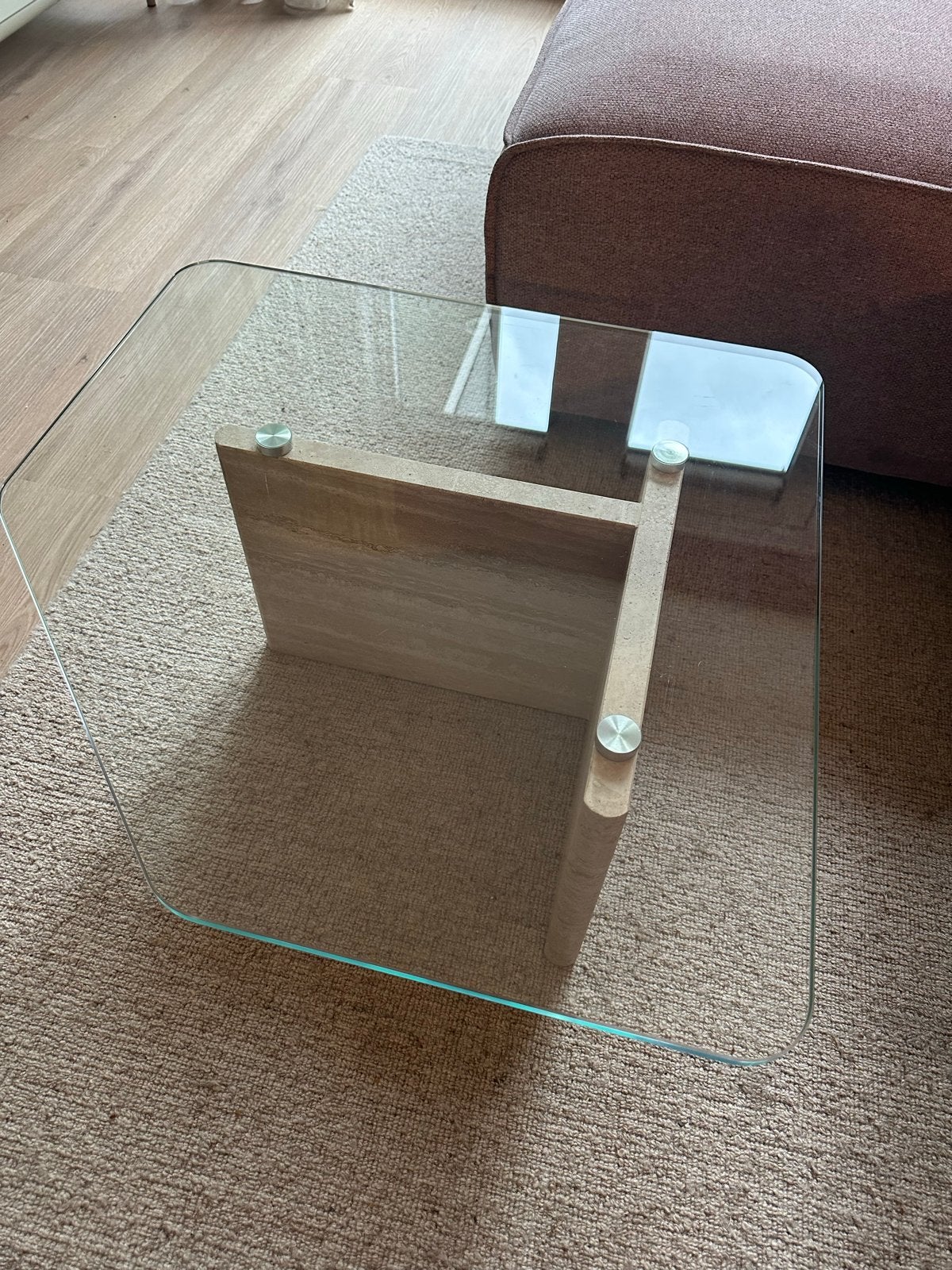 Vintage Salontafel Jaren '70 - Travertin & Glas, Huis en Inrichting, Tafels | Salontafels, Ophalen, Gebruikt, Vierkant, 50 tot 100 cm