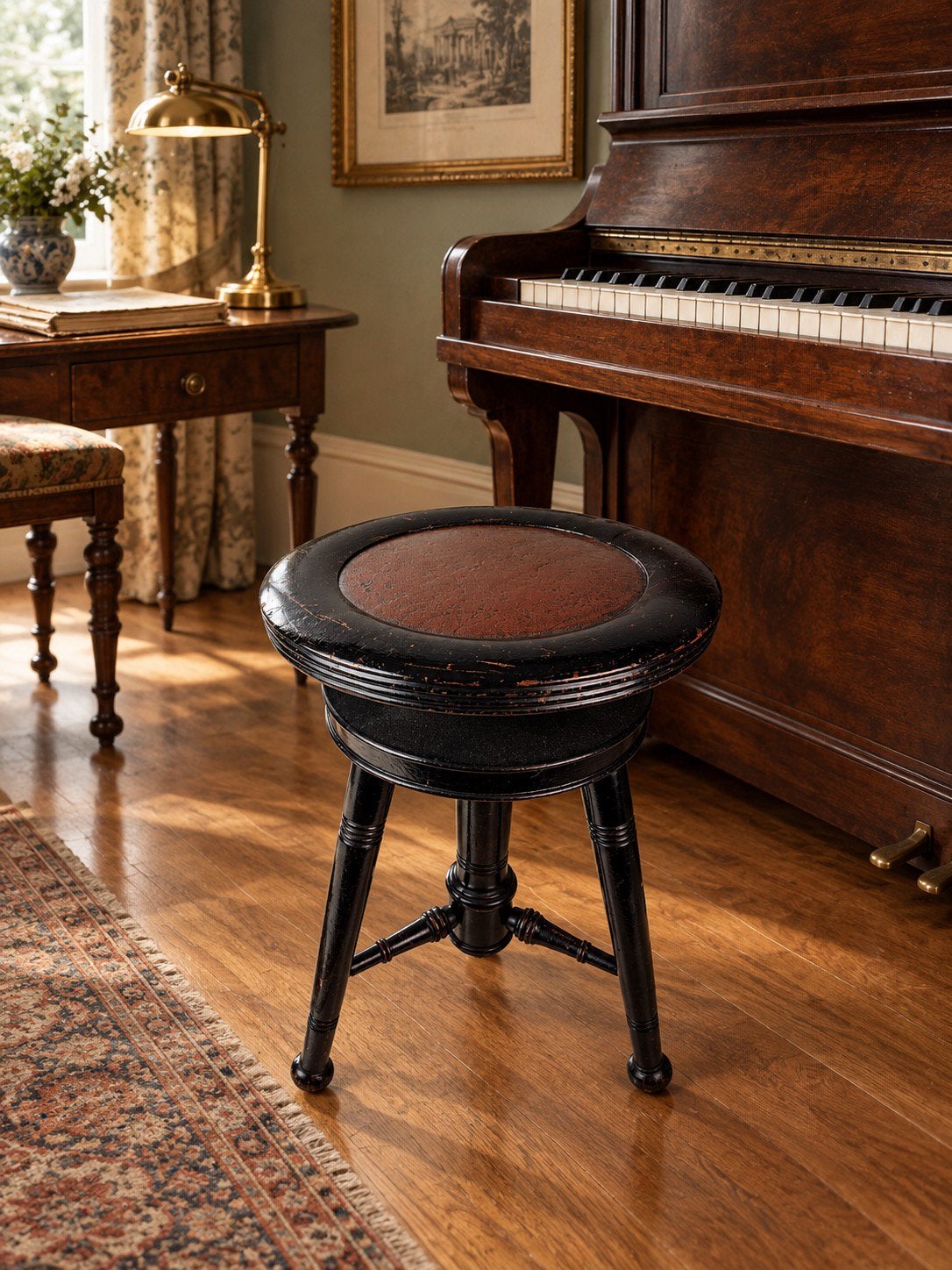 Antieke ebonised pianokruk met drie poten, ca. 1900, Huis en Inrichting, Ophalen of Verzenden, Zo goed als nieuw, Hout