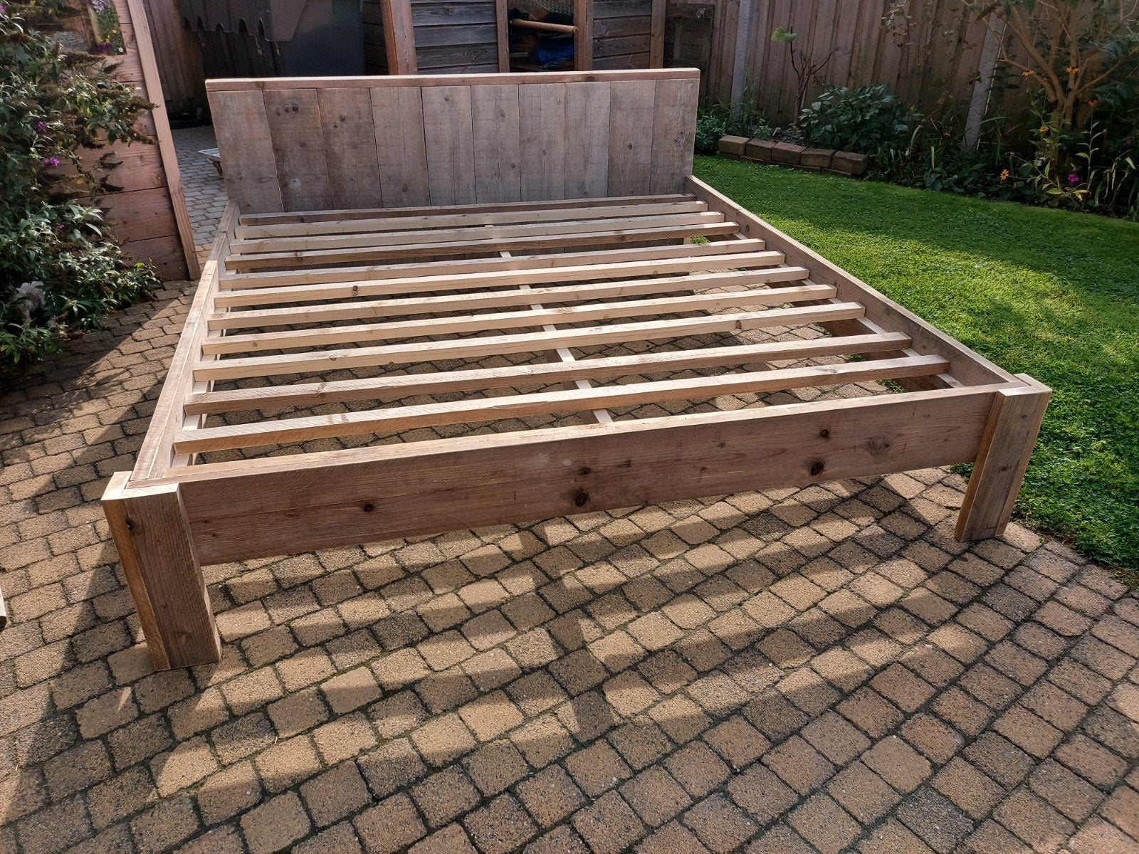 bed steigerhout, Ophalen, Tweepersoons, Grijs, Steigerhout