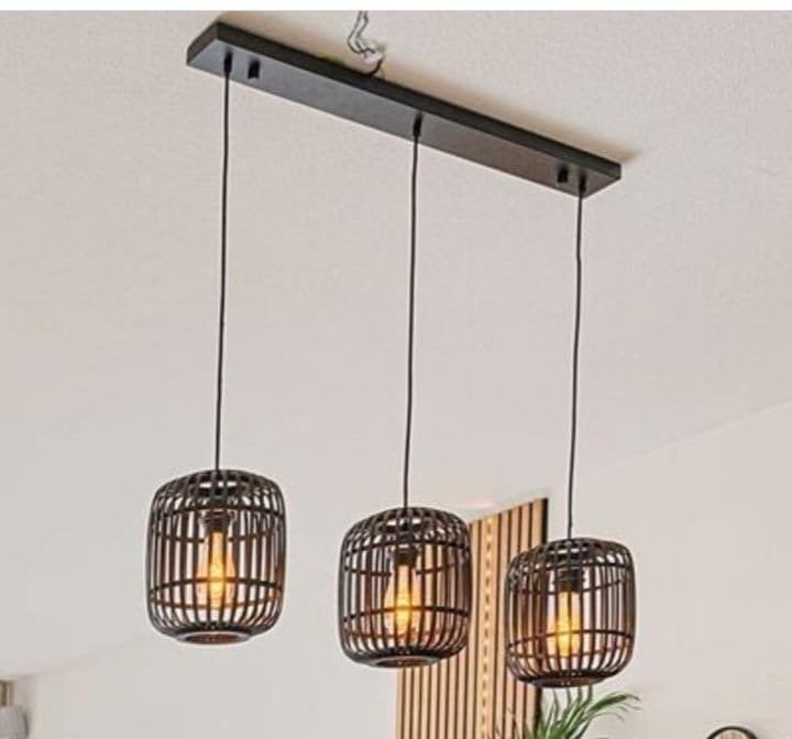 Hanglamp 3-lichts bamboe zwart - Eettafel lamp, Ophalen of Verzenden, Gebruikt, Hout, E27 (groot)
