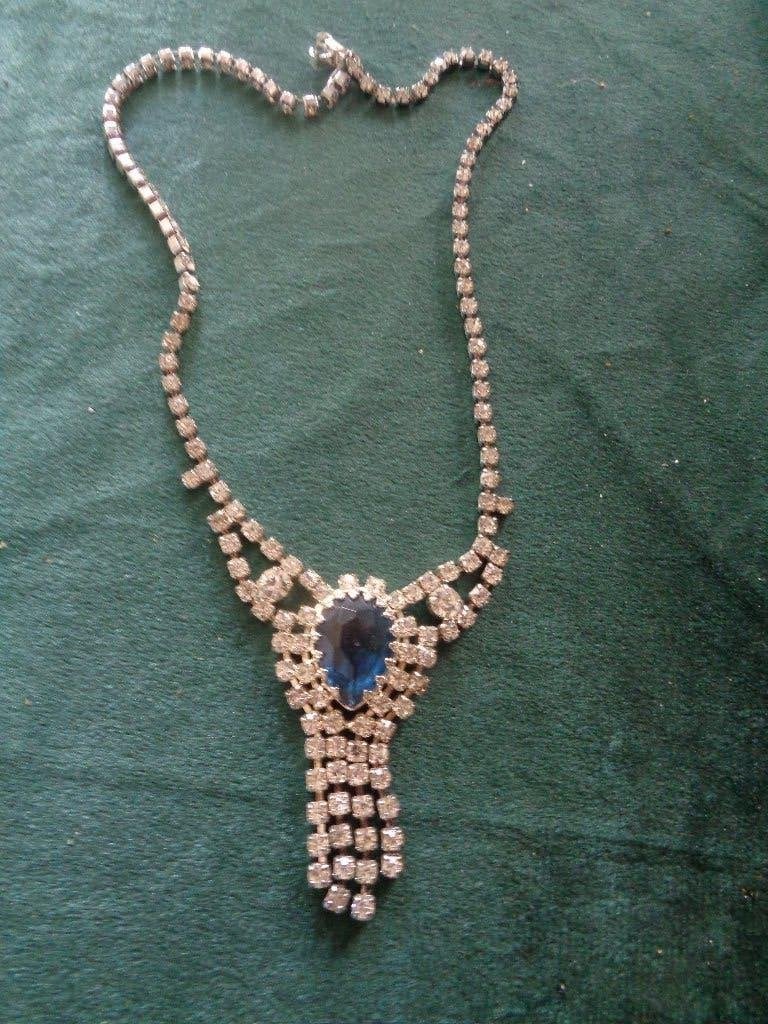vintage strass ketting met geslepen blauw kristal, Sieraden, Tassen en Uiterlijk, Antieke sieraden, Ophalen of Verzenden, Overige materialen