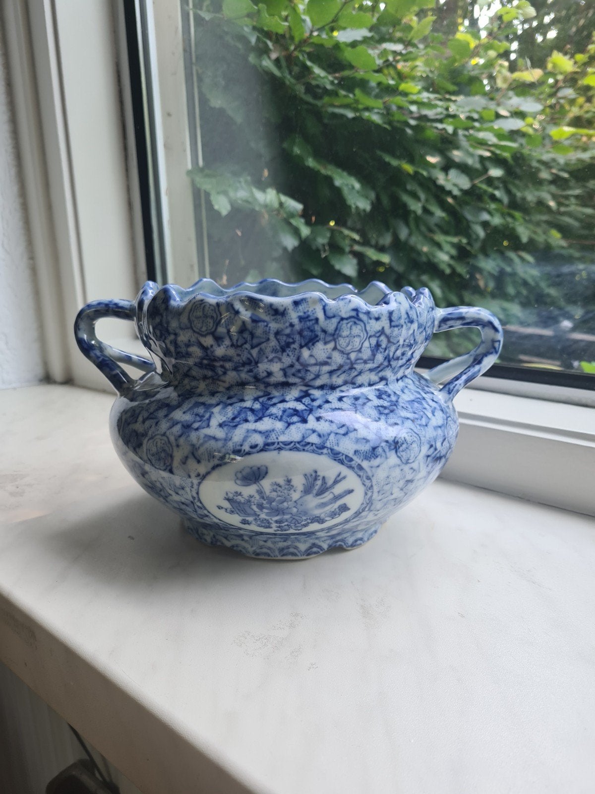 Vintage Chinese Blauw-Witte bloempot met Handvatten, Ophalen