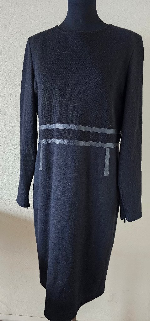 MaxMara Zwarte Wollen Jurk met Leren Details - Maat L (7124), MaxMara, Zwart, Maat 42/44 (L), Ophalen of Verzenden