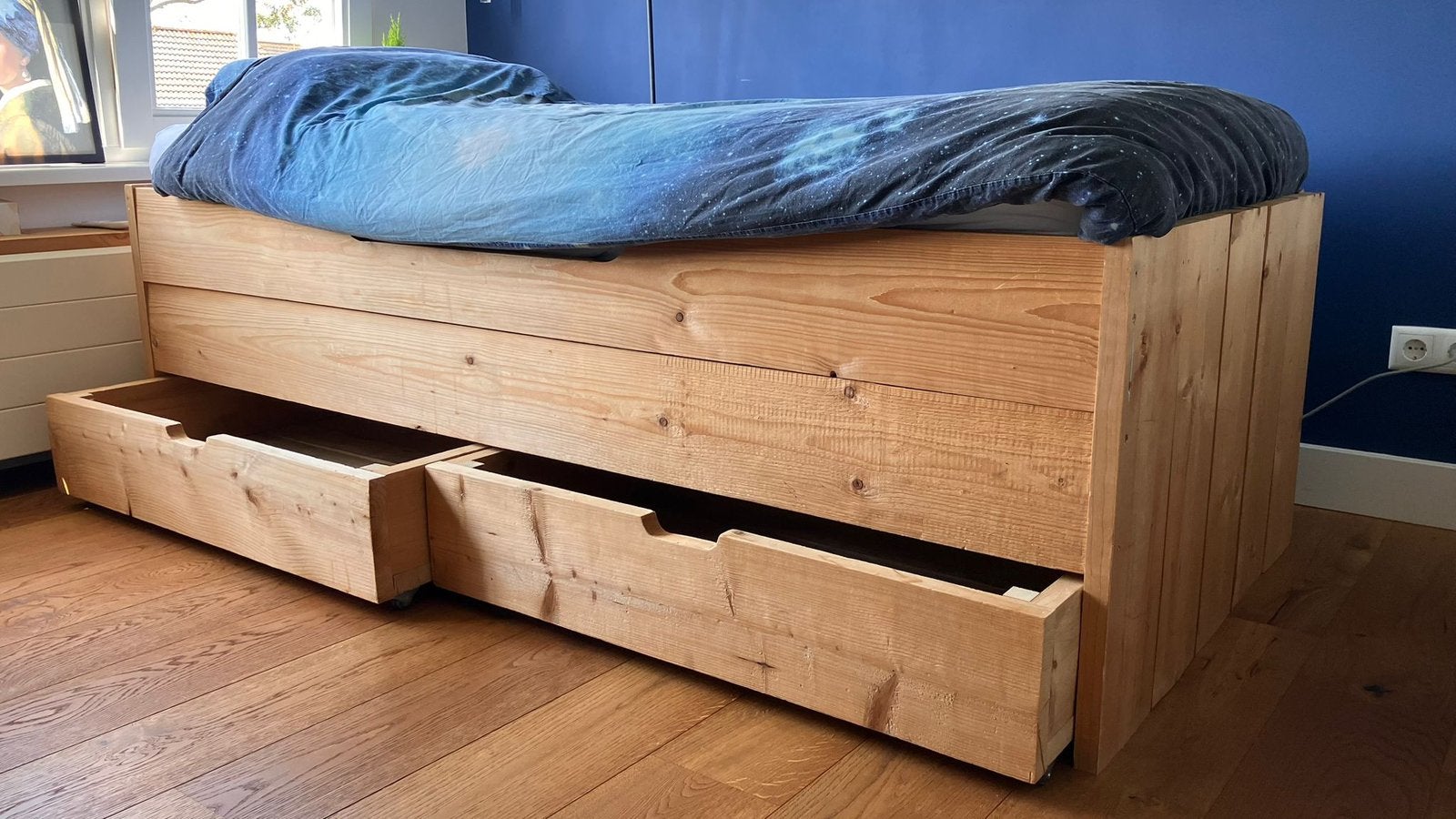 Steigerhouten bed, Ophalen, Gebruikt, 90 cm, Eenpersoons