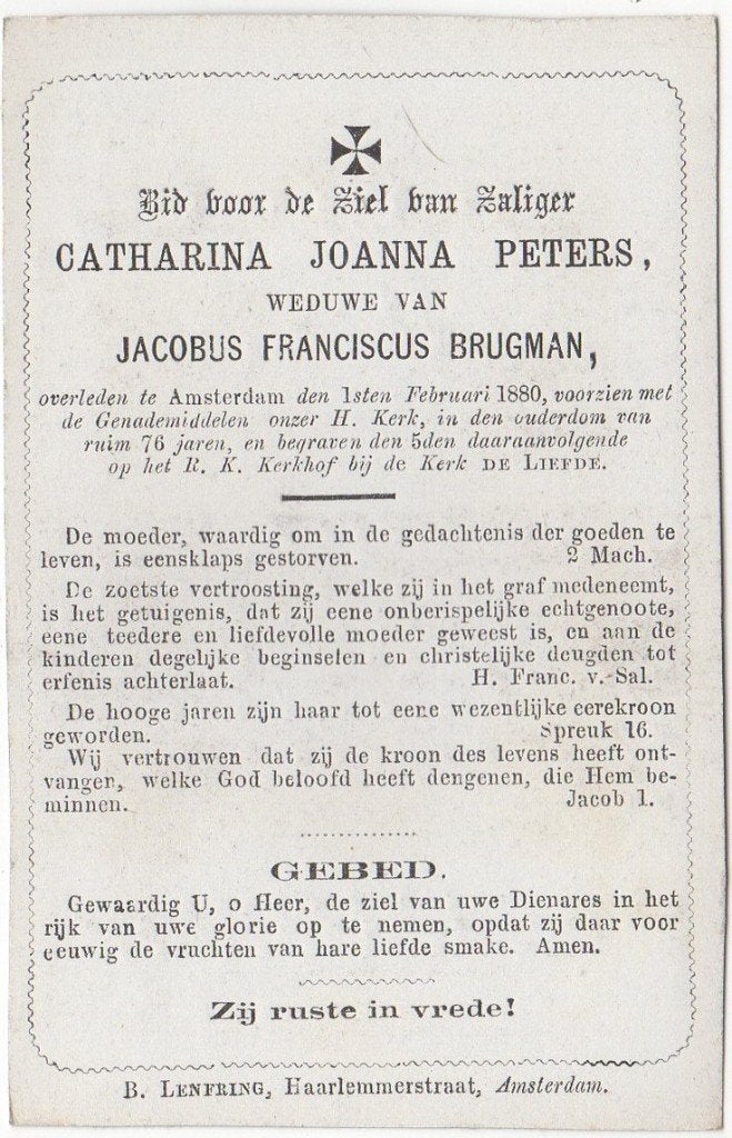 Catharina J. Peters 1809 - 1880 Amsterdam, 70 jaar oud, Verzamelen, Verzenden