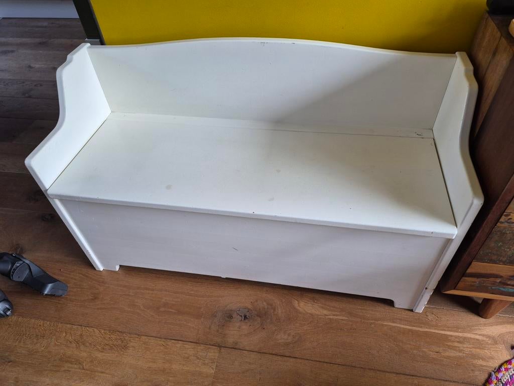 Stevige witte houten klepbank met opbergruimte, Ophalen, Gebruikt, Wit, Eén