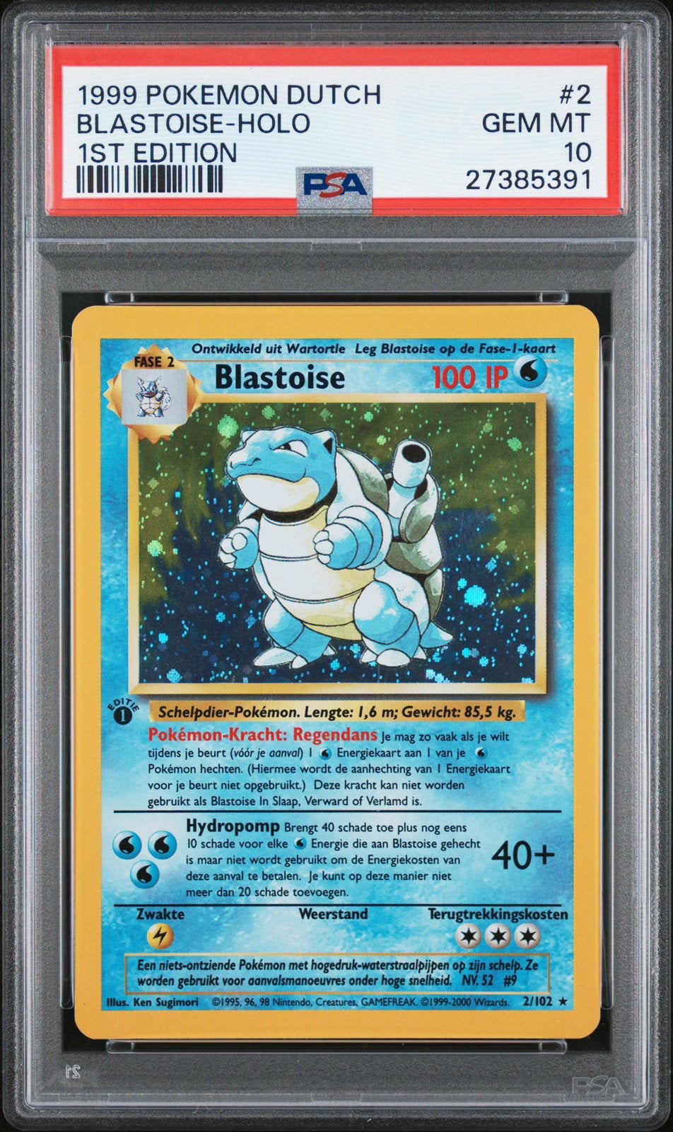 Blastoise Holo 1st Edition PSA 10 - 1999 Pokémon Dutch, Ophalen of Verzenden, Zo goed als nieuw