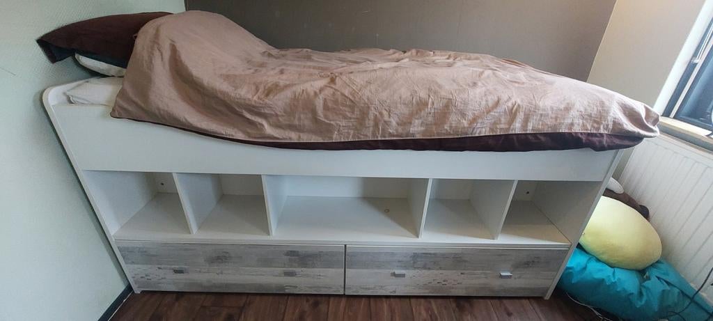 Halfhoogslaper met opbergruimte en Ikea matras, 90 cm, Eenpersoons, Ophalen of Verzenden, Zo goed als nieuw