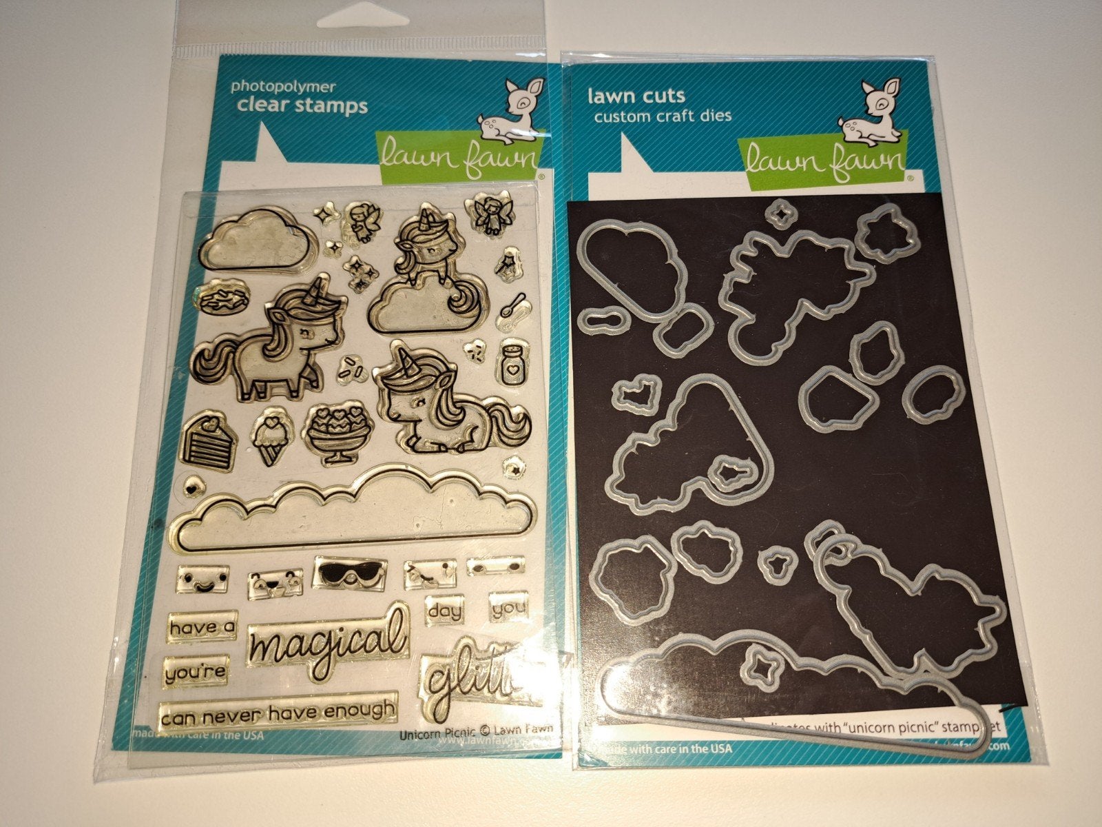 Lawn Fawn Unicorn Picnic stempelset en snijmallen, Ophalen of Verzenden, Zo goed als nieuw, Clearstamp