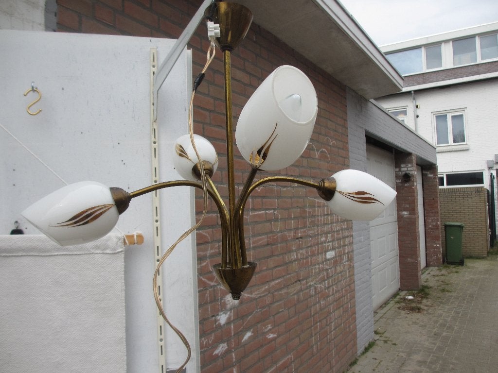 Vintage hanglamp / kroonluchter met kelkjes jaren 50, Huis en Inrichting, Ophalen of Verzenden, Gebruikt, Glas, E14 (klein)