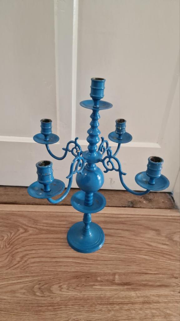 Blauwe kandelaar met vijf armen, Ophalen of Verzenden