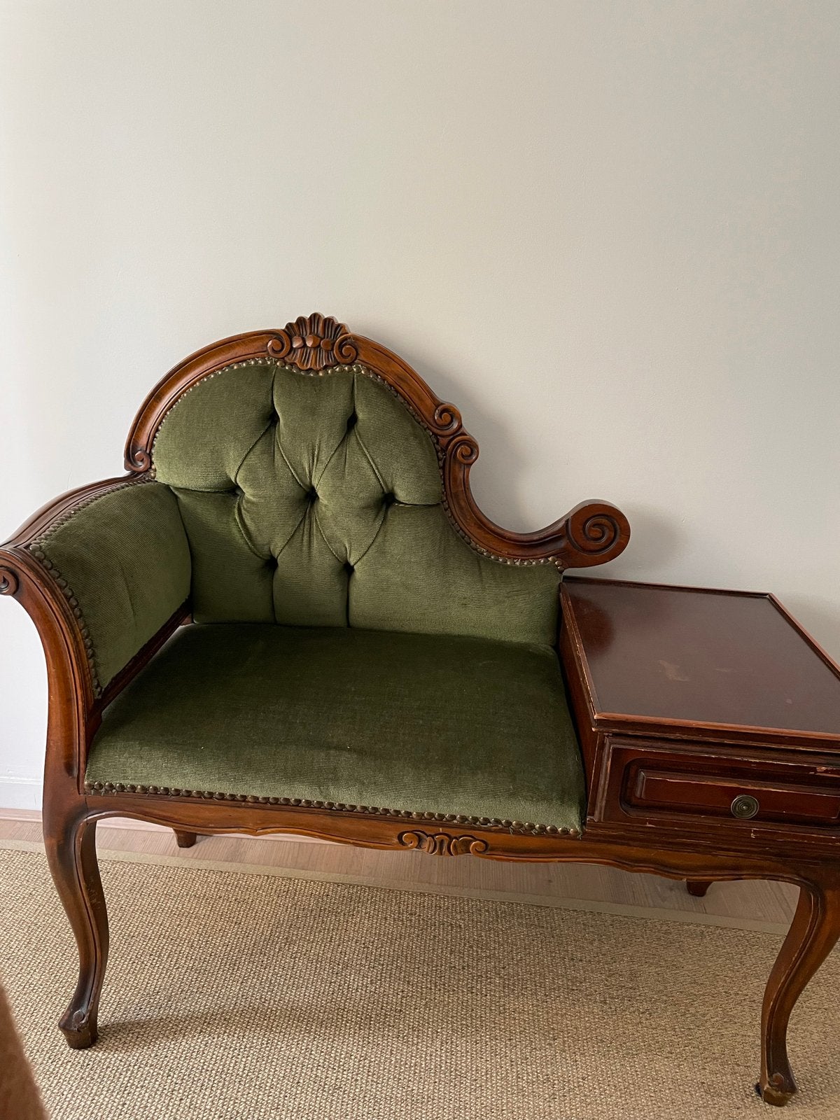 Vintage Barok Lodewijk Telefoonbankje met Groen Fluweel, Ophalen