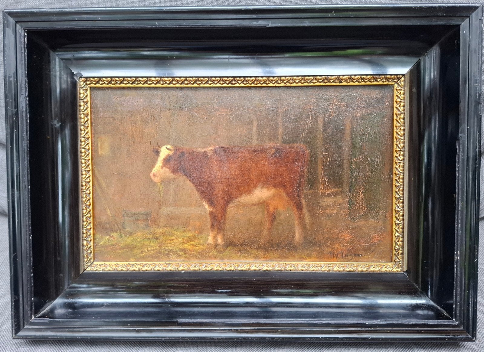 H. van Ingen (1846 -1920 ) - Koe op stal - Paneel - 1880, Ophalen of Verzenden