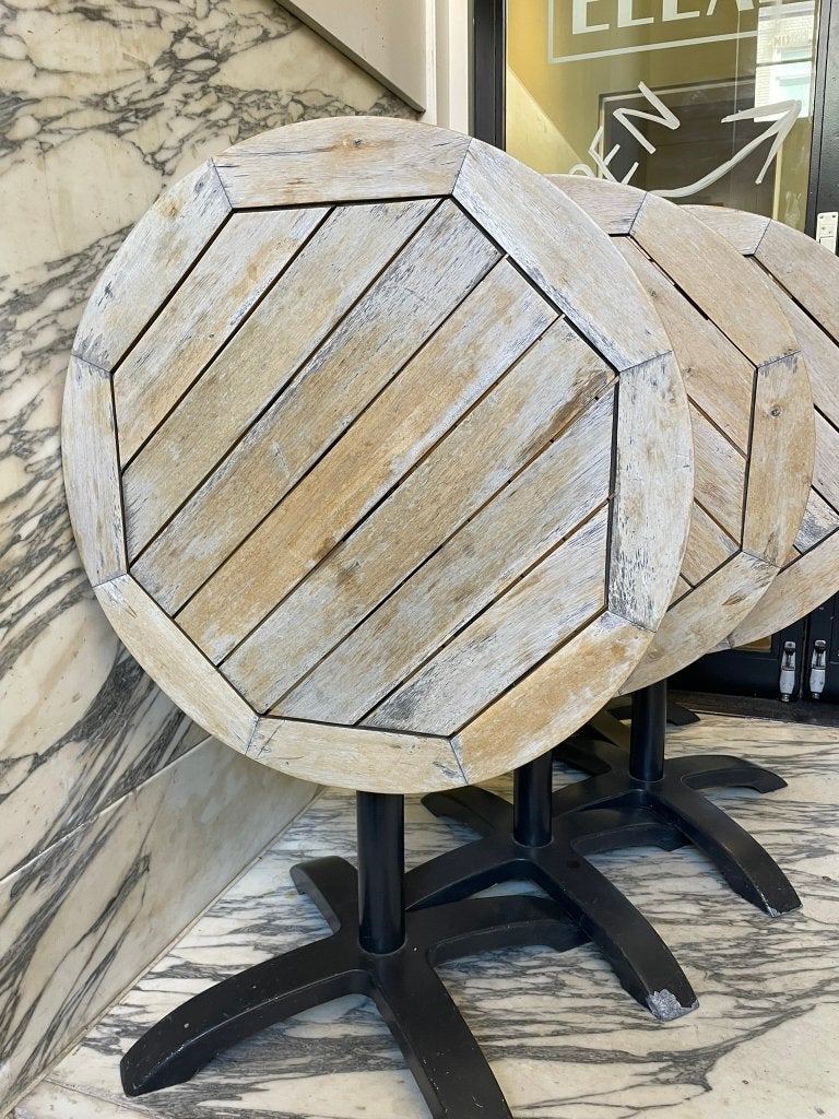4 houten terras tafelbladen, rond, diameter 70 cm, Tuin en Terras, Tuintafels, Ophalen, Gebruikt, Rond, Hout