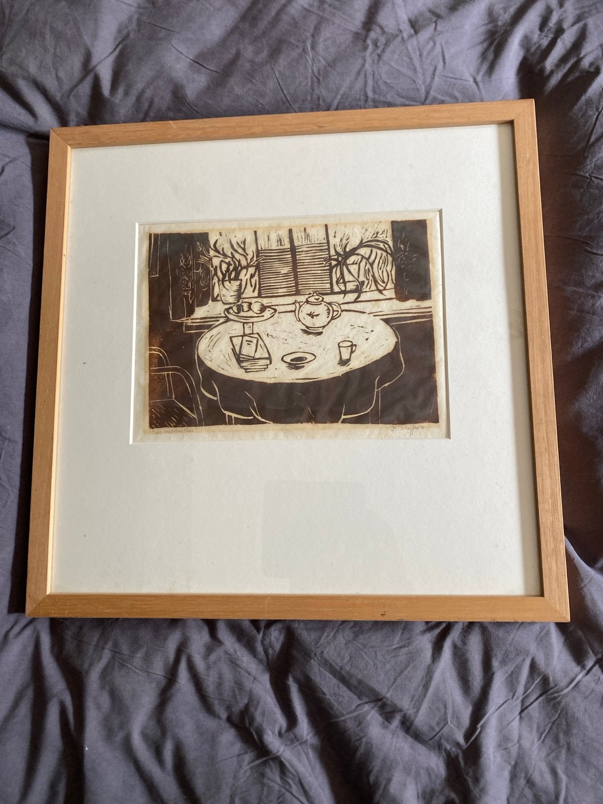 Houtsnede 'De Middagthee' van Mej. C. Scheffers, Antiek en Kunst, Dagelijks leven, 1950 - 1999, Ophalen of Verzenden, Houtsnede