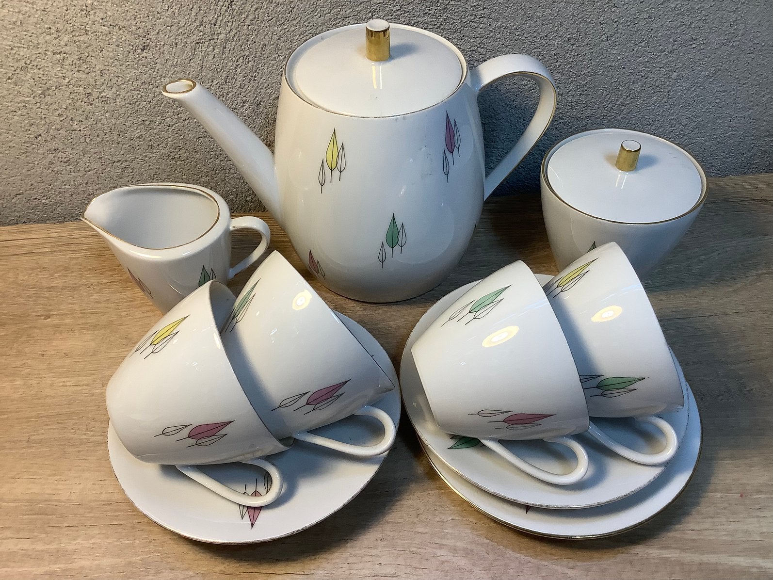 Vintage servies koffieservies theeservies met pastel blad, Ophalen of Verzenden