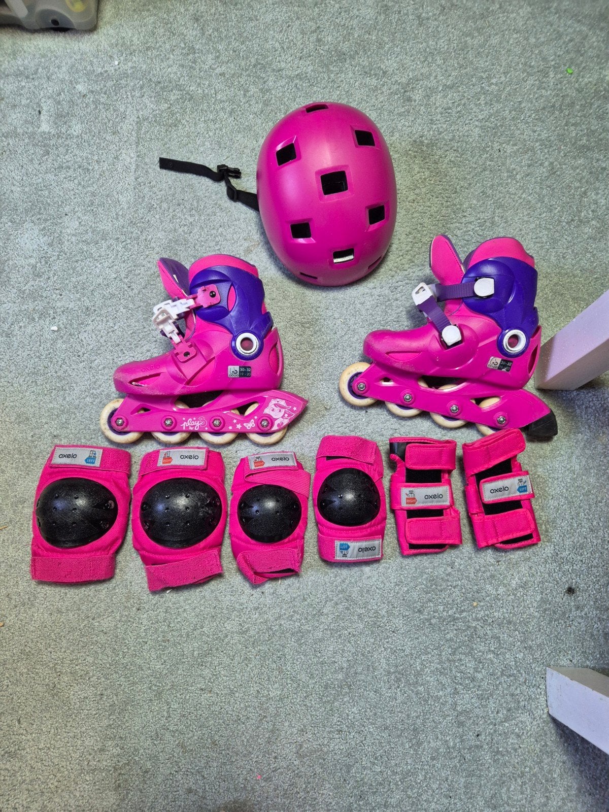 Roze Oxelo rolschaatsen maat 30-32 met bescherming en helm, Sport en Fitness, Ophalen of Verzenden, Zo goed als nieuw