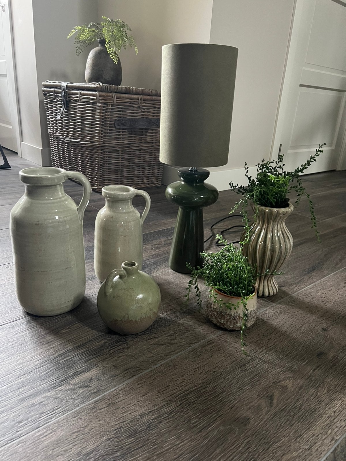 Groene accessoires: Tafellamp, vazen, kruiken (zgan), Ophalen, Zo goed als nieuw, Groen, Steen/keramiek
