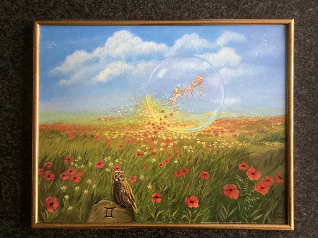 Schilderij, handgeschilderd, droom, kind, uil, bloem, vintag, Ophalen