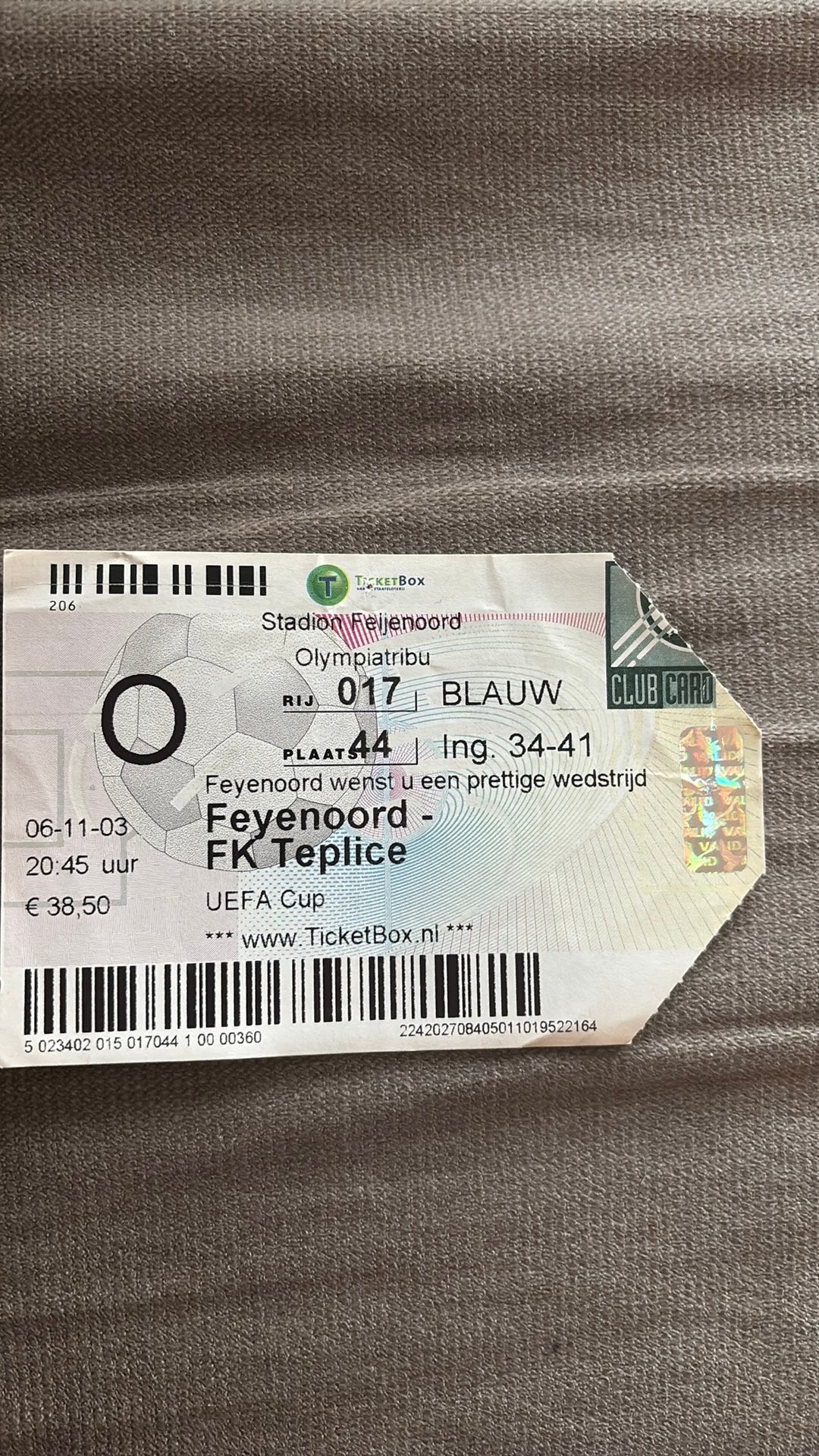 Oud stadionticket feyenoord FK Teplice 2003, Ophalen of Verzenden, Zo goed als nieuw, Feyenoord