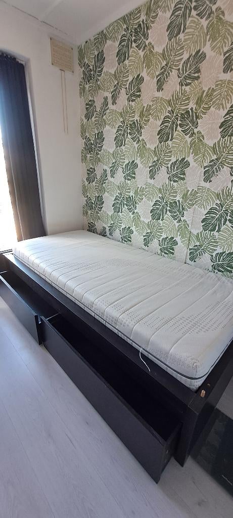 1 pers bed zwart incl matras, Ophalen, 90 cm, Eenpersoons, Zwart