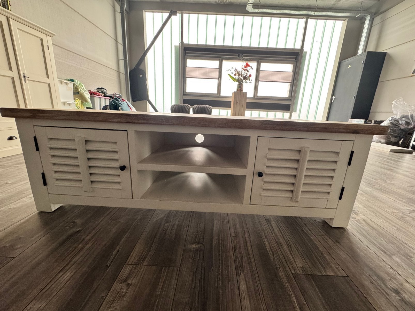 Tv kast meubel wit met louvre deurtjes, Ophalen, Minder dan 50 cm, Gebruikt, Minder dan 100 cm