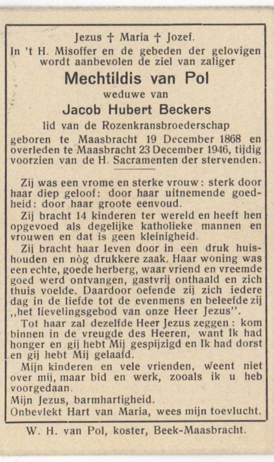 Mechtildis van Pol 1868 Maasvracht + 1946 Maasbracht, 78 jr, Verzamelen, Ophalen of Verzenden